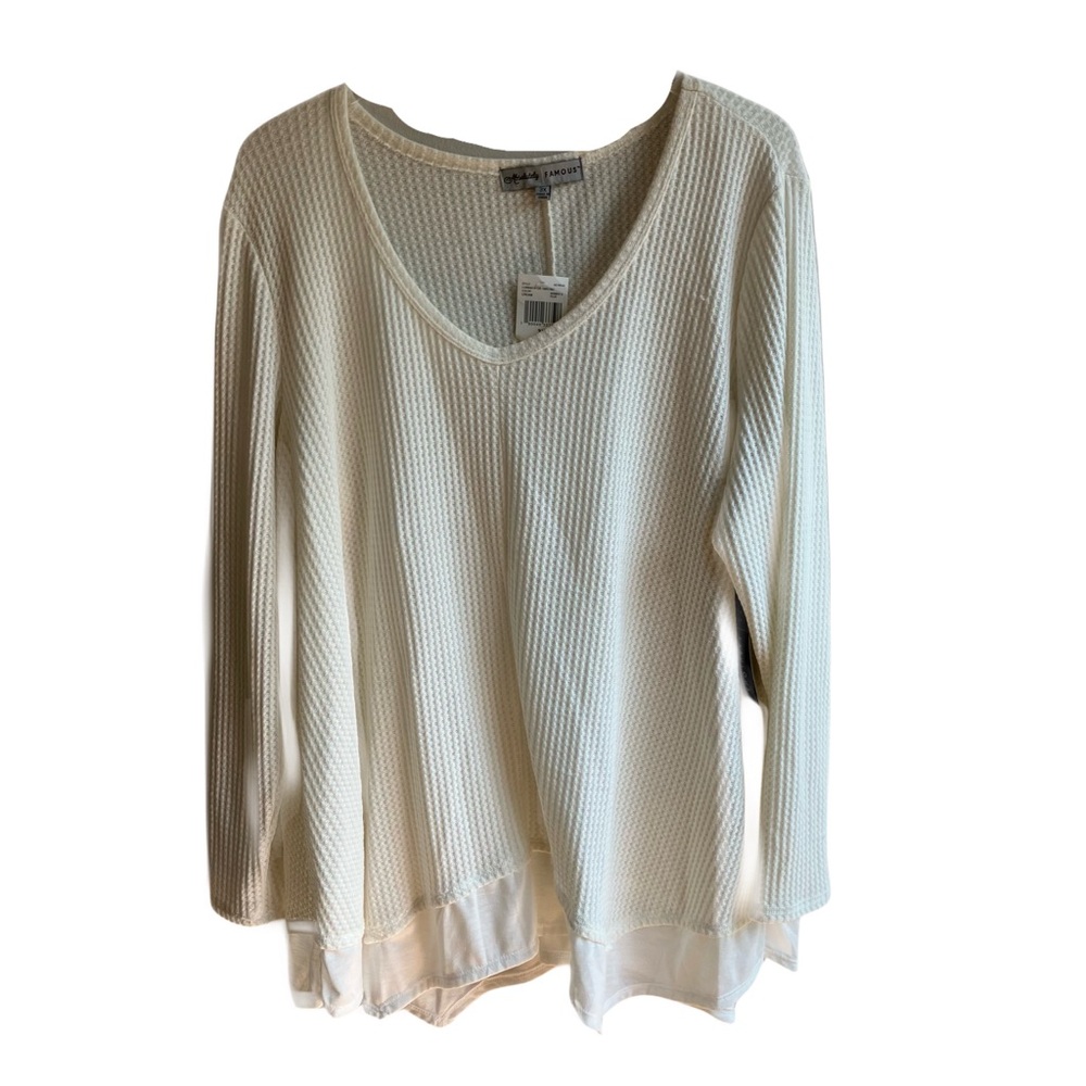 Absolutely Famous Waffle Knit Long Sleeve Tunic Top Size 3X Cream V-Neck Blouse